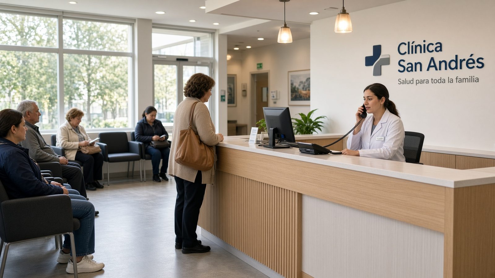 Recepción de una clínica con pacientes esperando mientras la recepcionista atiende el teléfono